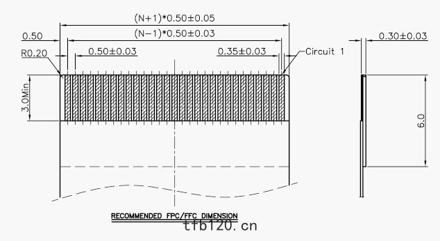 0.5間距H2.0翻蓋(gài)下接FPC連接器對應(yīng)排綫規(guī)格(gé)圖(tú)